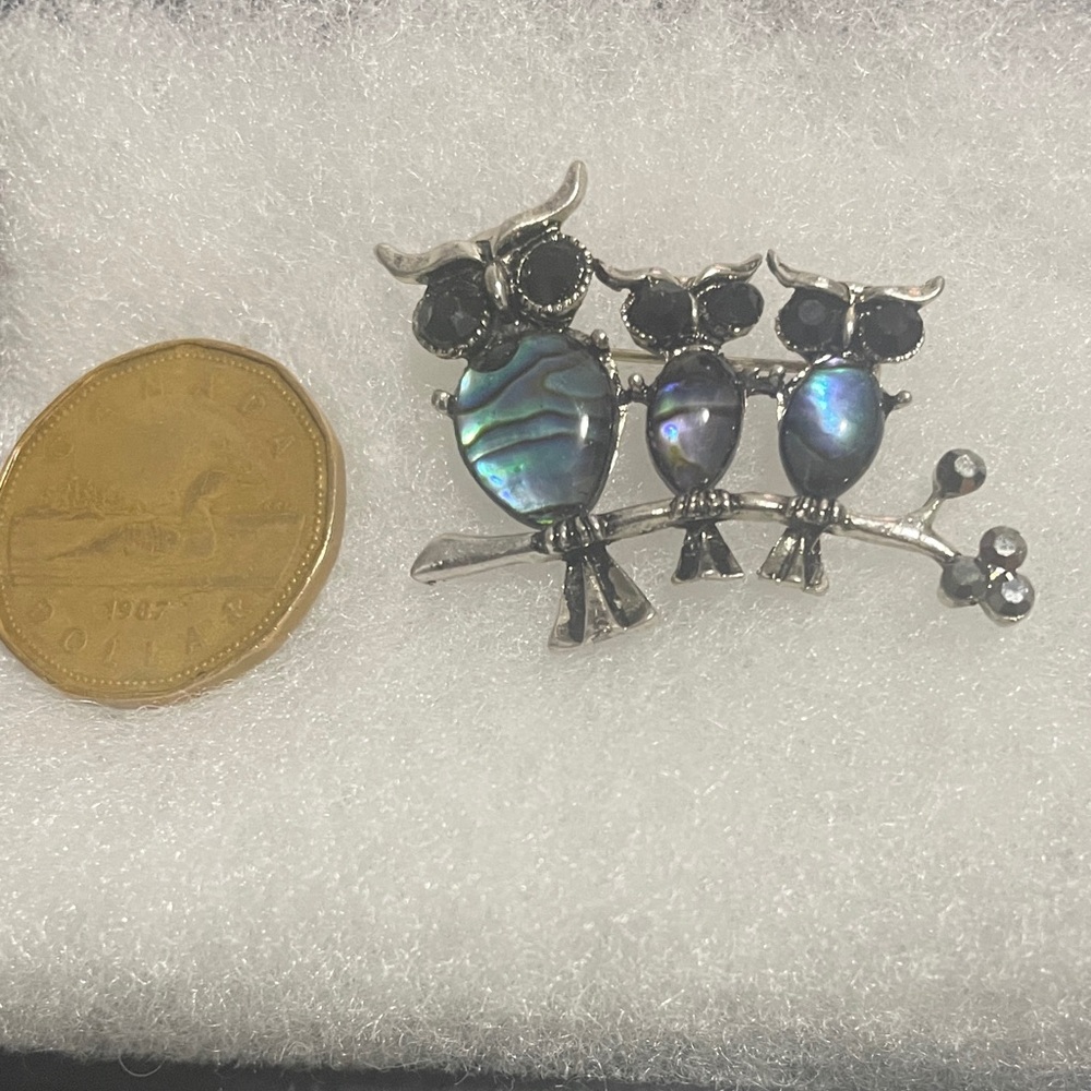 Owl Family Brooch Silver Tone Abalone